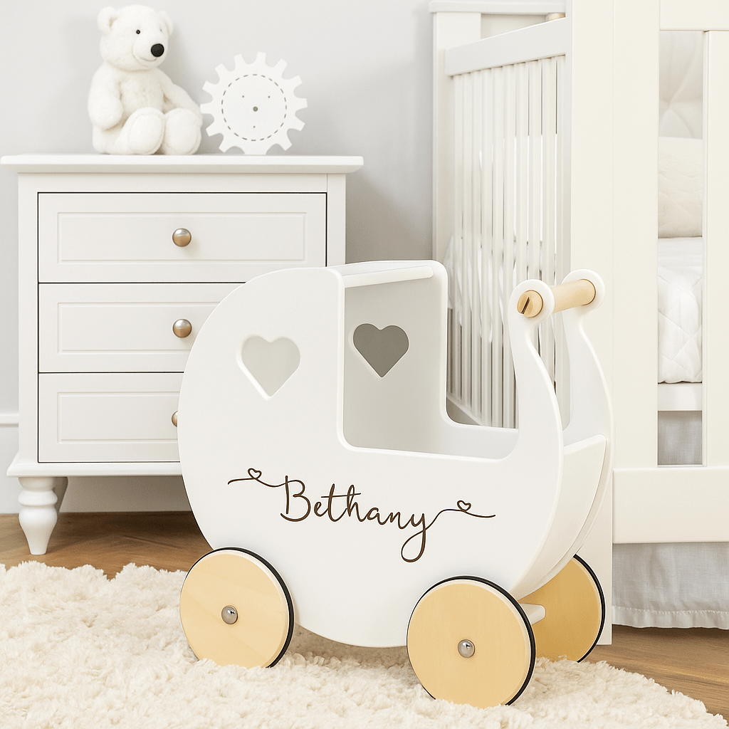 Personalised Wooden Dolls Pram - Pink, Red or White
