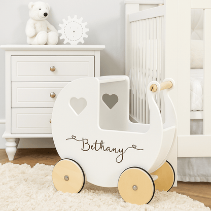 Personalised Wooden Dolls Pram - Pink, Red or White