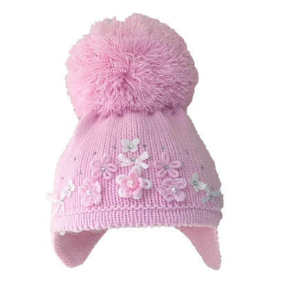 Pink Knitted Pom Pom Hat with Diamante