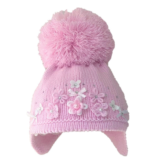 Pink Knitted Pom Pom Hat with Diamante