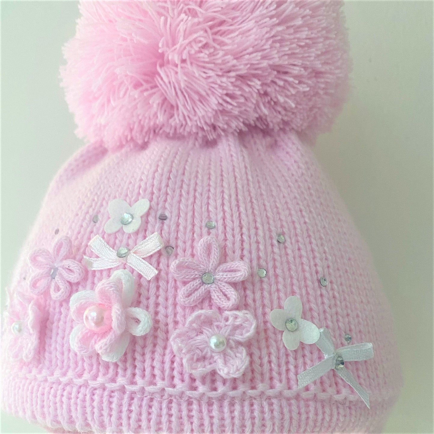 Pink Knitted Pom Pom Hat with Diamante