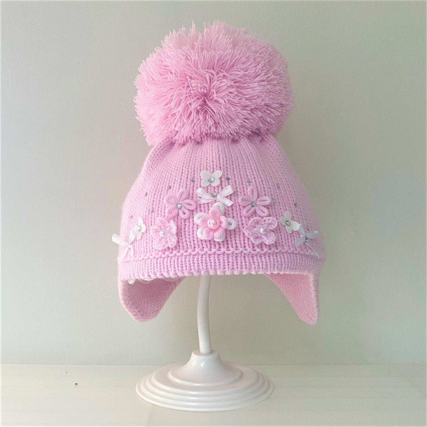 Pink Knitted Pom Pom Hat with Diamante