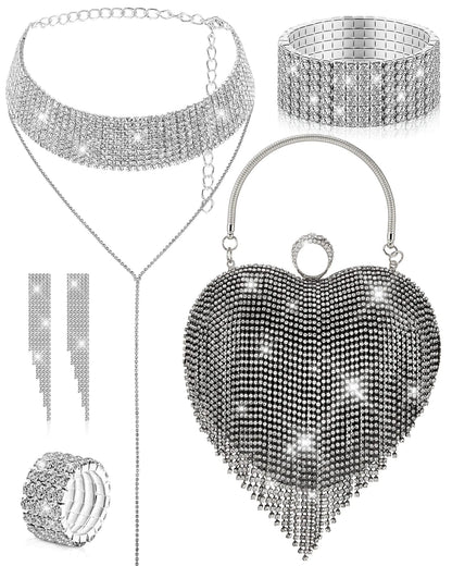 5 Pcs Heart Purse Rhinestone Tassel Evening Clutch Bag Valentines Day Jewelry Set for Women Wedding Dinner (Black)