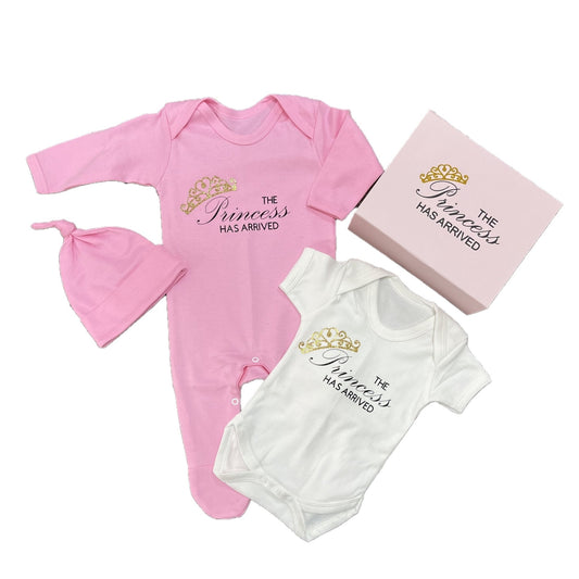 'The Princess Has Arrived' Romper, Vest, Hat Set in a Gift Box