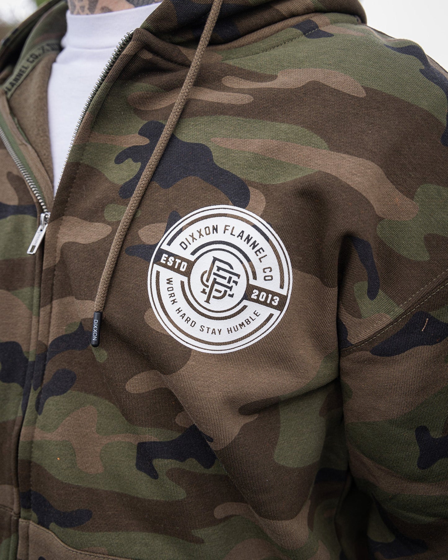 White Work Hard Badge Zip Up - Camo