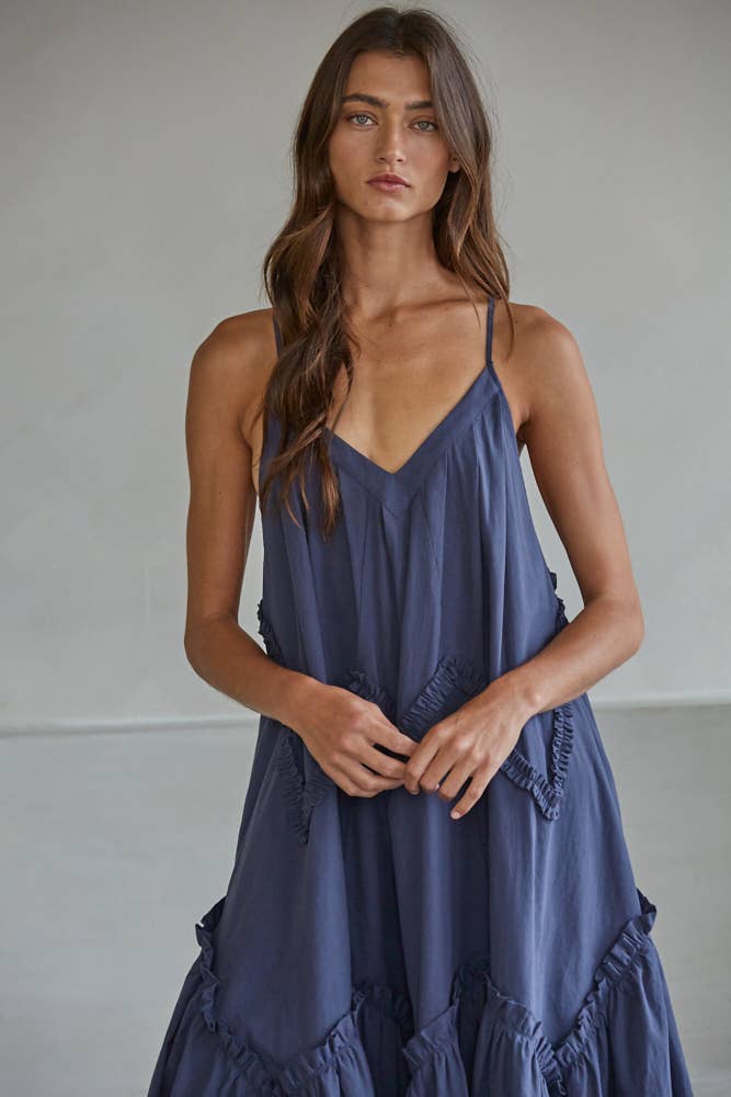 Woven Cotton V-Neck Ruffle Trim Detailed Maxi Dress