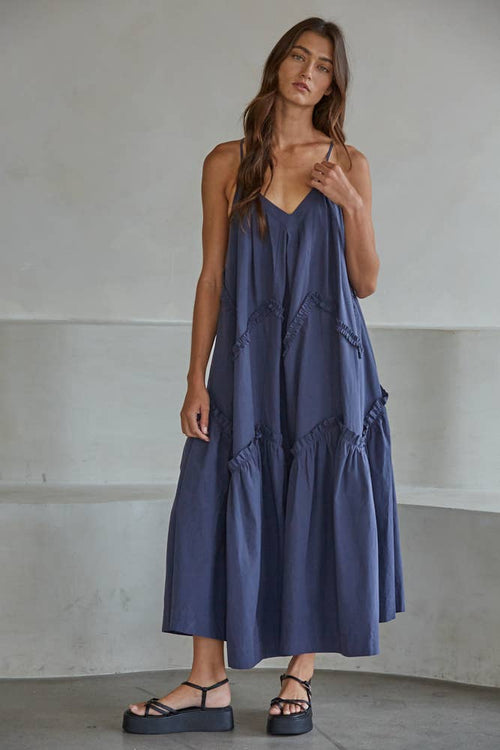 Woven Cotton V-Neck Ruffle Trim Detailed Maxi Dress